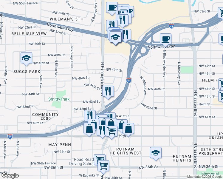 map of restaurants, bars, coffee shops, grocery stores, and more near 2017 Northwest 44th Street in Oklahoma City