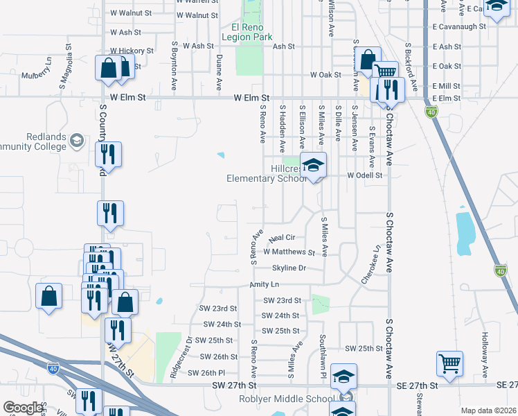 map of restaurants, bars, coffee shops, grocery stores, and more near 808 Allison Place in El Reno