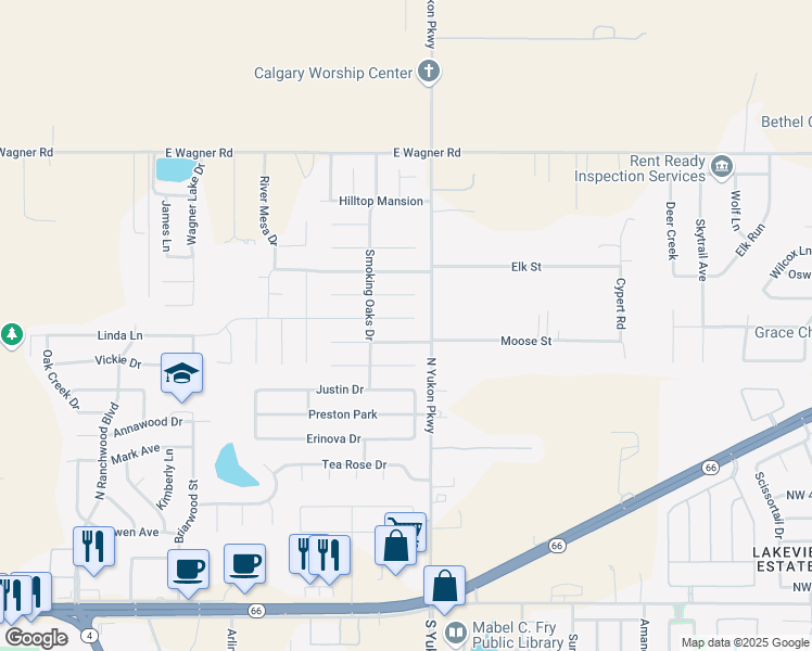 map of restaurants, bars, coffee shops, grocery stores, and more near 1074 Dover Mansion in Yukon