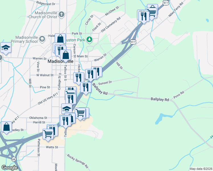 map of restaurants, bars, coffee shops, grocery stores, and more near 519 Sunset Drive in Madisonville