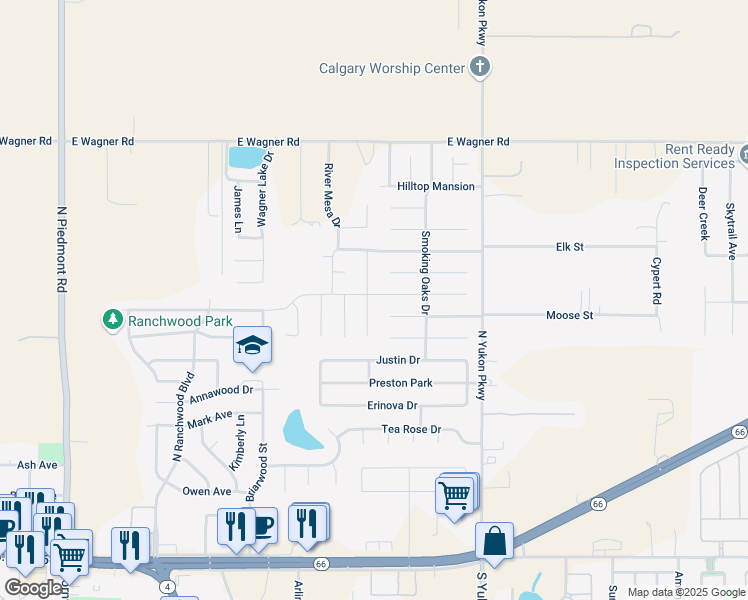map of restaurants, bars, coffee shops, grocery stores, and more near 4537 Oasis Lane in Yukon