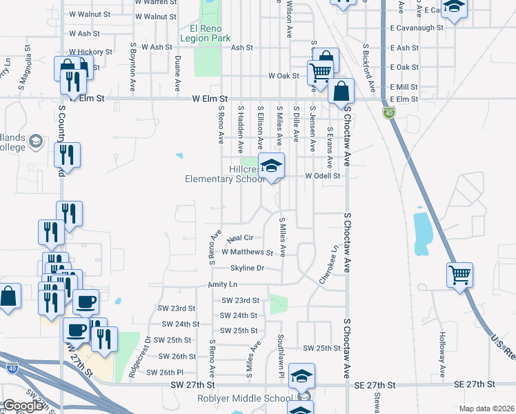 map of restaurants, bars, coffee shops, grocery stores, and more near 600 Thompson Drive in El Reno