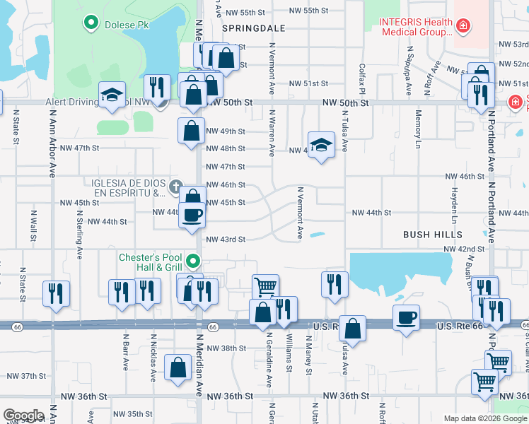 map of restaurants, bars, coffee shops, grocery stores, and more near 4305 Northwest 44th Street in Oklahoma City