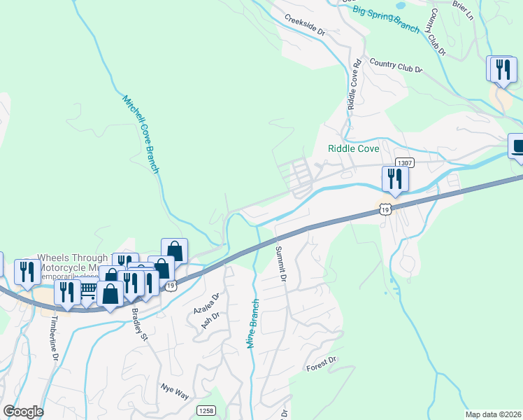 map of restaurants, bars, coffee shops, grocery stores, and more near 12 Indian Trace Road in Maggie Valley