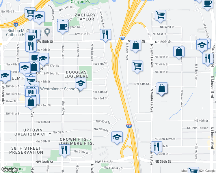 map of restaurants, bars, coffee shops, grocery stores, and more near 4520 North Harvey Parkway in Oklahoma City
