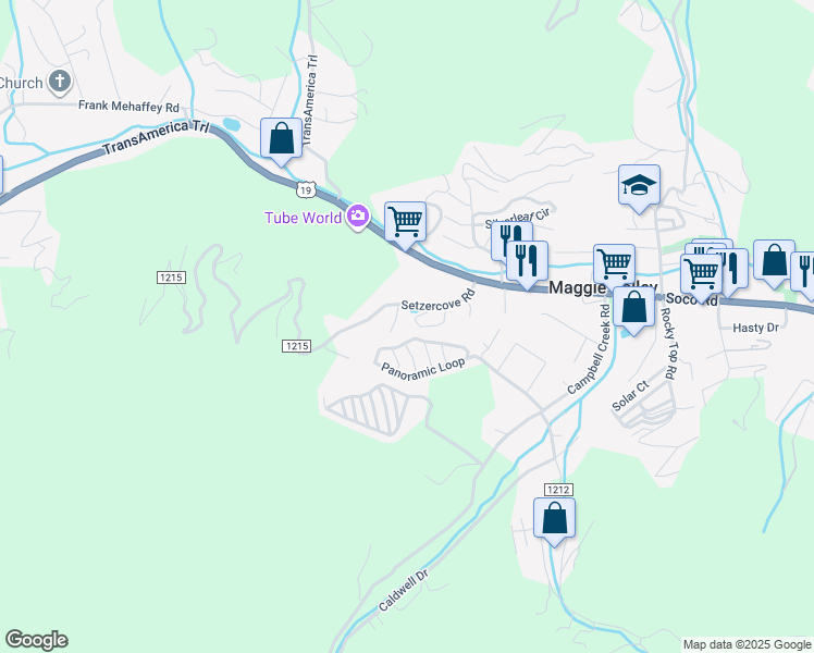 map of restaurants, bars, coffee shops, grocery stores, and more near 281 Setzercove Road in Maggie Valley