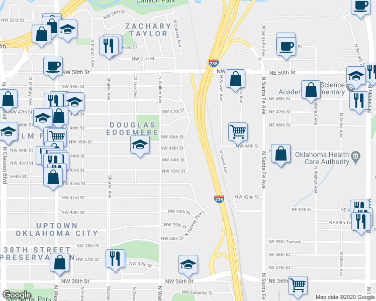 map of restaurants, bars, coffee shops, grocery stores, and more near 4520 North Harvey Parkway in Oklahoma City