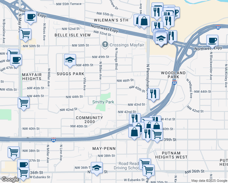 map of restaurants, bars, coffee shops, grocery stores, and more near 4513 North Youngs Boulevard in Oklahoma City