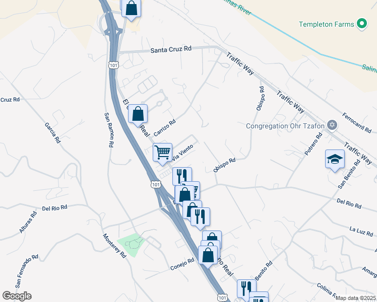 map of restaurants, bars, coffee shops, grocery stores, and more near 5433 Via Viento in Atascadero