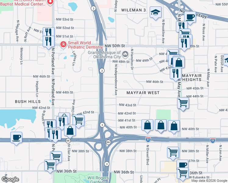 map of restaurants, bars, coffee shops, grocery stores, and more near 4517 N Independence Ave in Oklahoma City