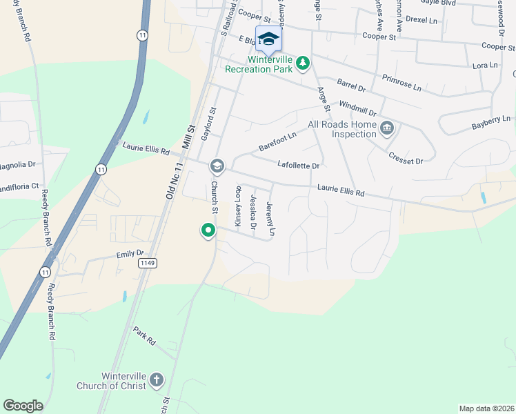 map of restaurants, bars, coffee shops, grocery stores, and more near 2925B Jessica Drive in Winterville
