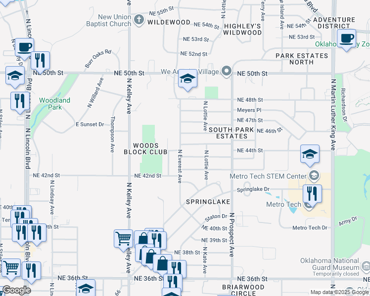 map of restaurants, bars, coffee shops, grocery stores, and more near 1204 NE 44th St in Oklahoma City