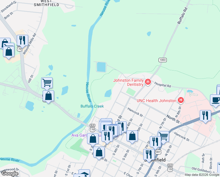 map of restaurants, bars, coffee shops, grocery stores, and more near 415 N 2nd St in Smithfield