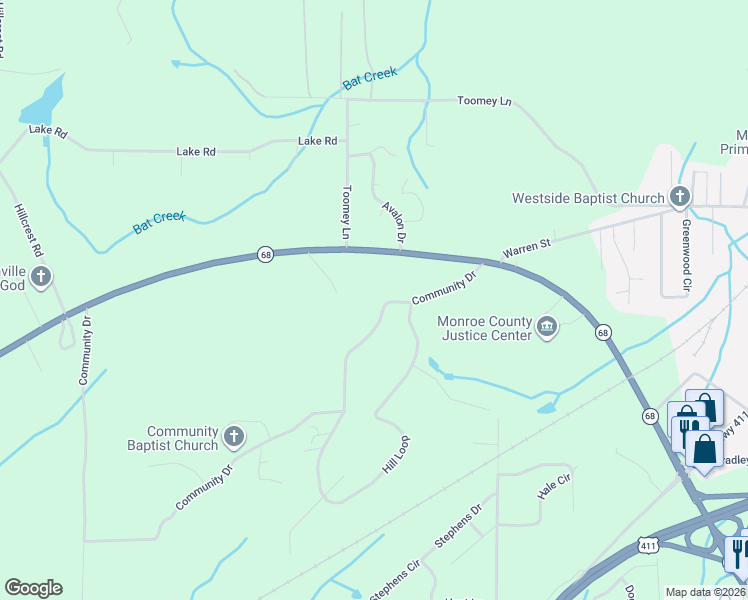 map of restaurants, bars, coffee shops, grocery stores, and more near 225 Community Drive in Madisonville