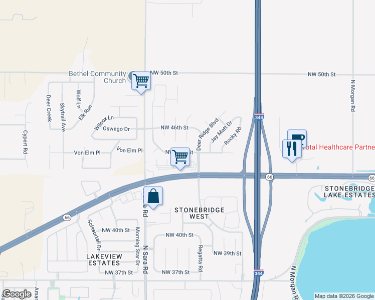map of restaurants, bars, coffee shops, grocery stores, and more near 10425 Northwest 45th Street in Yukon