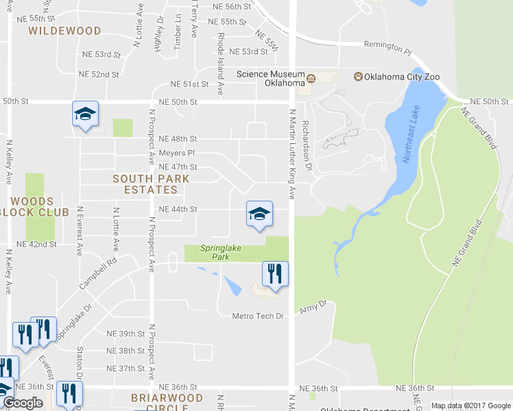 map of restaurants, bars, coffee shops, grocery stores, and more near 1825 Northeast 44th Street in Oklahoma City