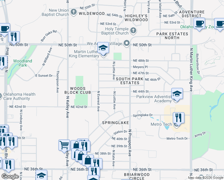 map of restaurants, bars, coffee shops, grocery stores, and more near 1236 Northeast 44th Street in Oklahoma City