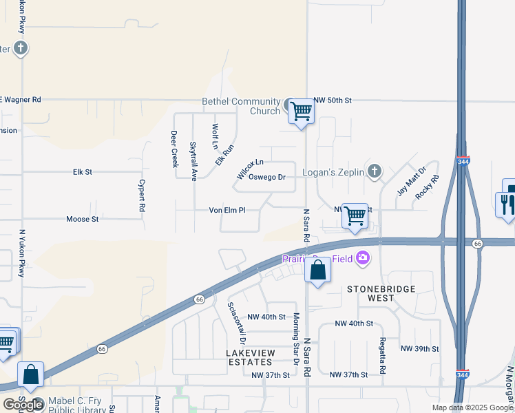 map of restaurants, bars, coffee shops, grocery stores, and more near 1333 Von Elm Place in Yukon