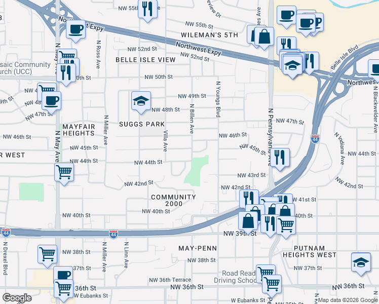 map of restaurants, bars, coffee shops, grocery stores, and more near 4512 North Billen Avenue in Oklahoma City