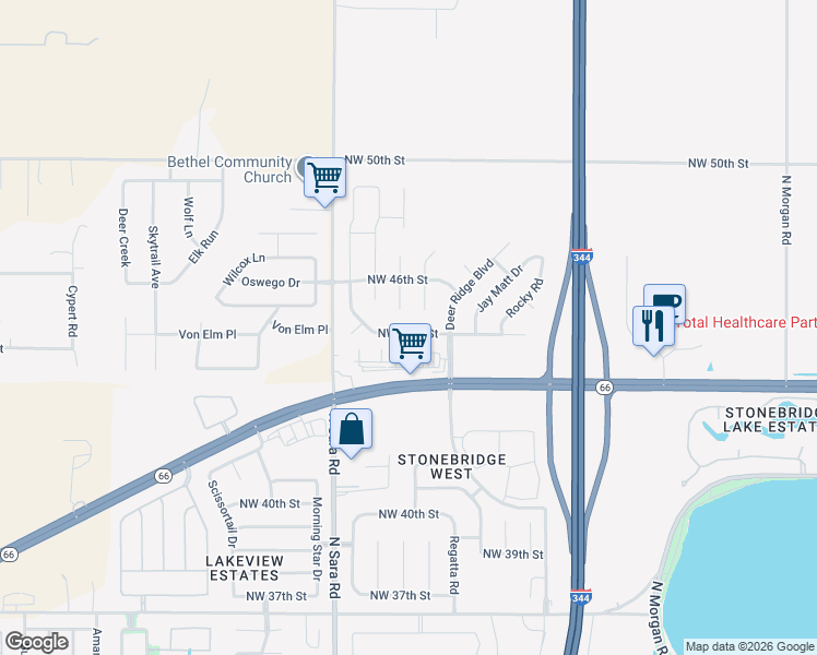 map of restaurants, bars, coffee shops, grocery stores, and more near 10425 Northwest 45th Street in Yukon