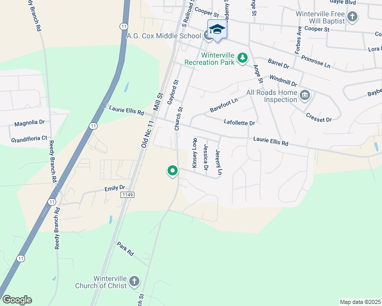 map of restaurants, bars, coffee shops, grocery stores, and more near 2982 Kinsey Loop in Winterville