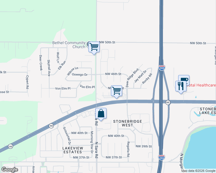 map of restaurants, bars, coffee shops, grocery stores, and more near 10521 Northwest 45th Street in Yukon