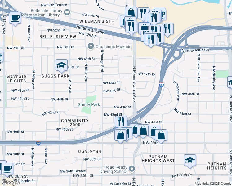 map of restaurants, bars, coffee shops, grocery stores, and more near 2200 Northwest 45th Street in Oklahoma City