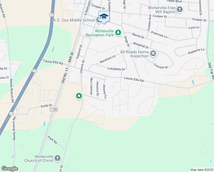 map of restaurants, bars, coffee shops, grocery stores, and more near 334 A Jeremy Ln in Winterville