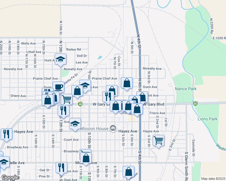 map of restaurants, bars, coffee shops, grocery stores, and more near 316 North 7th Street in Clinton