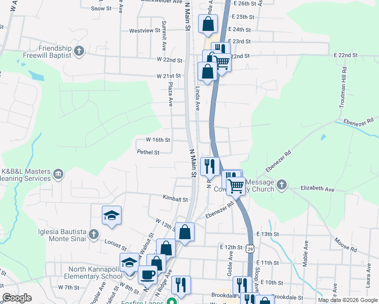 map of restaurants, bars, coffee shops, grocery stores, and more near 1527 North Main Street in Kannapolis