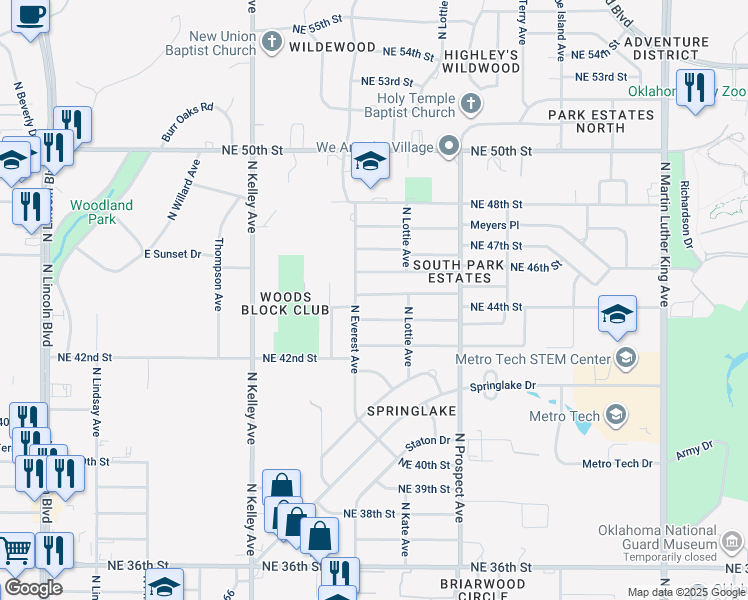 map of restaurants, bars, coffee shops, grocery stores, and more near 1204 Northeast 44th Street in Oklahoma City