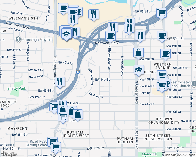 map of restaurants, bars, coffee shops, grocery stores, and more near 4501 North Georgia Avenue in Oklahoma City