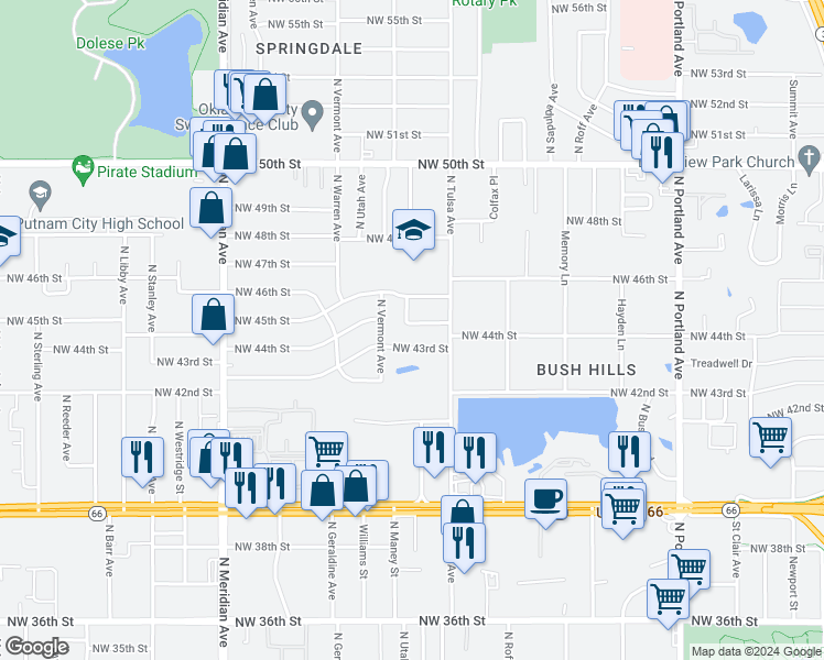 map of restaurants, bars, coffee shops, grocery stores, and more near 4120 Northwest 44th Street in Oklahoma City