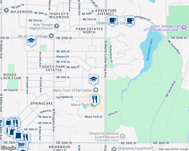 map of restaurants, bars, coffee shops, grocery stores, and more near 1825 Northeast 44th Street in Oklahoma City