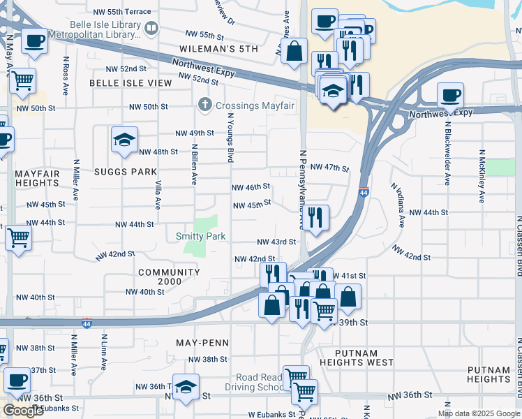 map of restaurants, bars, coffee shops, grocery stores, and more near 2200 Northwest 45th Street in Oklahoma City