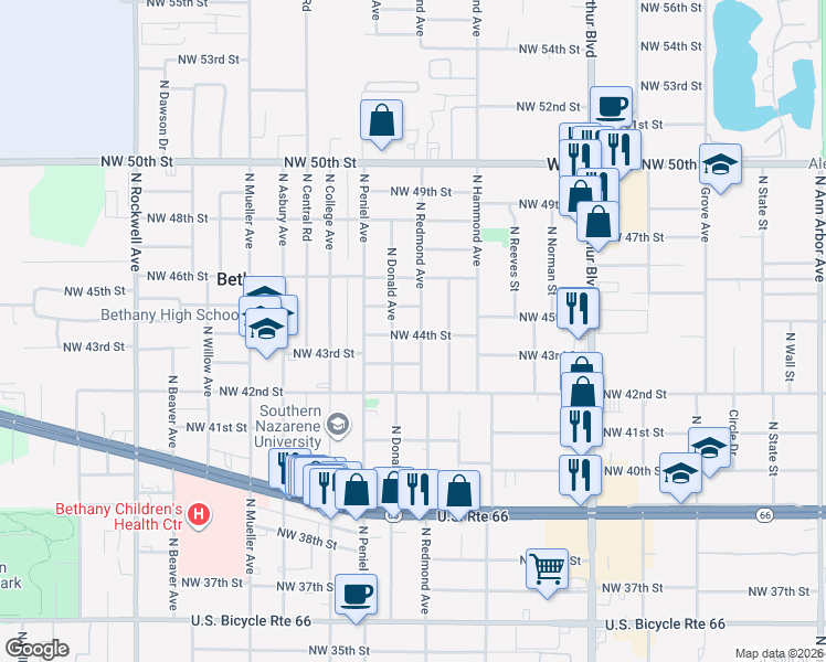 map of restaurants, bars, coffee shops, grocery stores, and more near 4501 North Redmond Avenue in Bethany