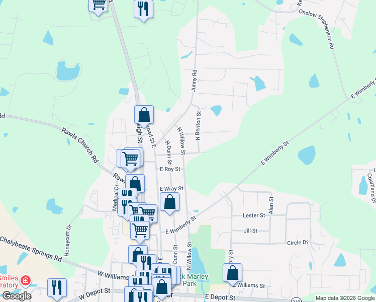 map of restaurants, bars, coffee shops, grocery stores, and more near 173 East Julia Street in Angier