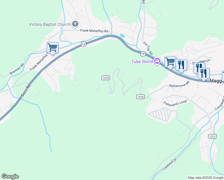 map of restaurants, bars, coffee shops, grocery stores, and more near 1355 Setzercove Road in Maggie Valley