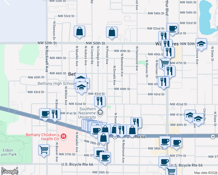 map of restaurants, bars, coffee shops, grocery stores, and more near 4500 North Peniel Avenue in Bethany