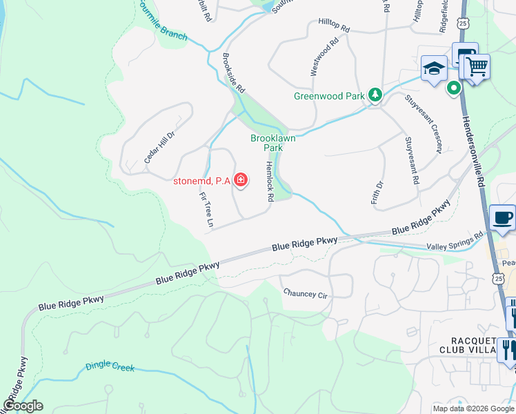map of restaurants, bars, coffee shops, grocery stores, and more near 99999 Hemlock Drive in Asheville
