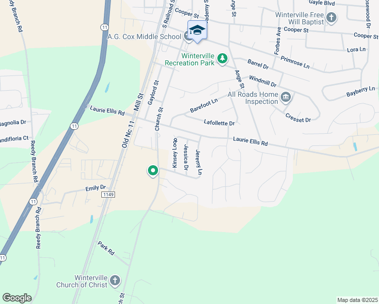 map of restaurants, bars, coffee shops, grocery stores, and more near 2925B Jessica Drive in Winterville