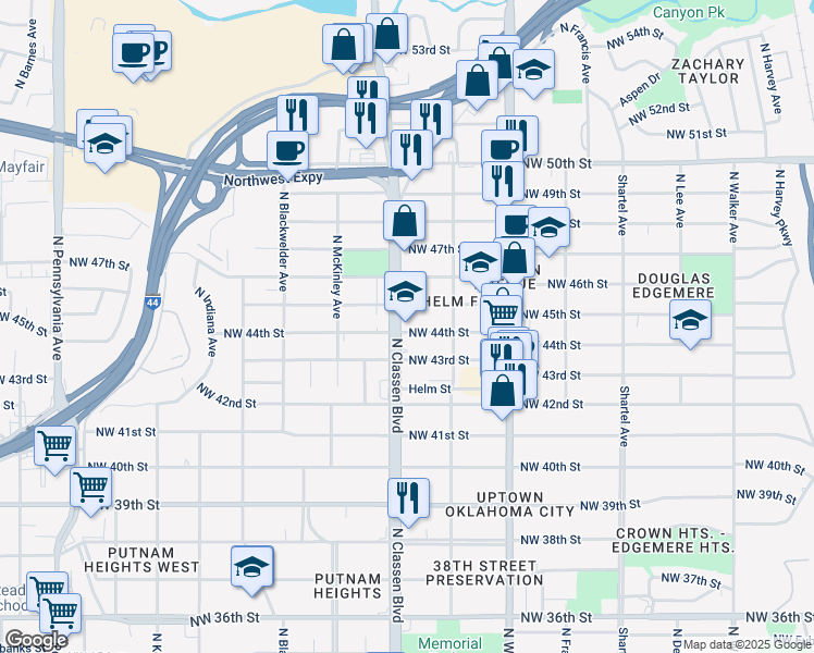 map of restaurants, bars, coffee shops, grocery stores, and more near 4501 North Classen Boulevard in Oklahoma City