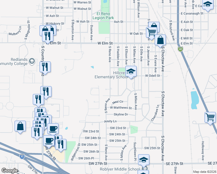 map of restaurants, bars, coffee shops, grocery stores, and more near 808 Allison Place in El Reno