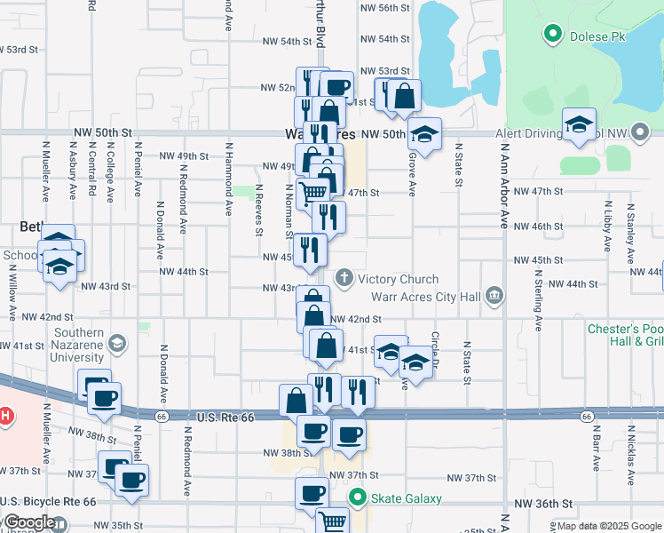map of restaurants, bars, coffee shops, grocery stores, and more near 4500 North Macarthur Boulevard in Warr Acres