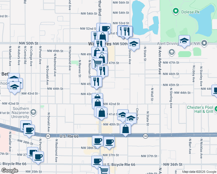 map of restaurants, bars, coffee shops, grocery stores, and more near in Oklahoma City