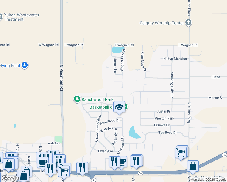 map of restaurants, bars, coffee shops, grocery stores, and more near 404 Charles Court in Yukon