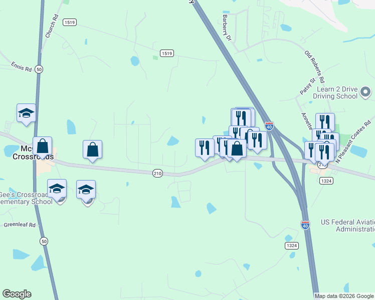 map of restaurants, bars, coffee shops, grocery stores, and more near 12700 North Carolina 210 in Benson