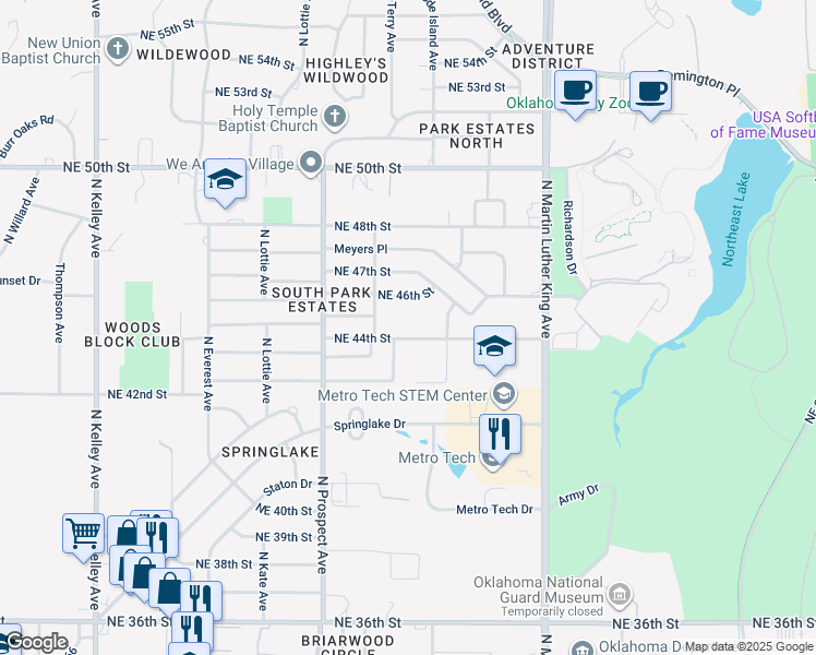map of restaurants, bars, coffee shops, grocery stores, and more near 1701 Northeast 44th Street in Oklahoma City