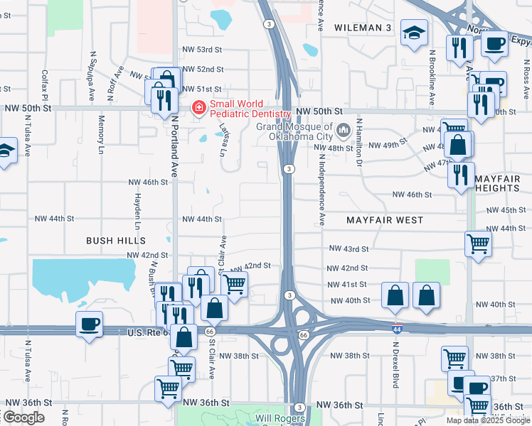 map of restaurants, bars, coffee shops, grocery stores, and more near 3417 Northwest 44th Street in Oklahoma City
