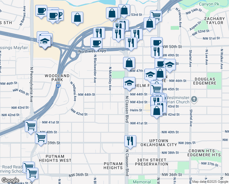 map of restaurants, bars, coffee shops, grocery stores, and more near 1435 Northwest 44th Street in Oklahoma City